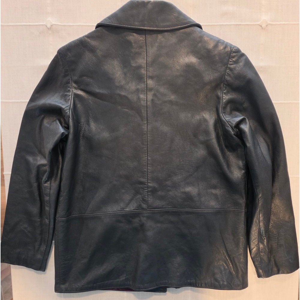 Vintage Black Leather Jacket Magenta Lining Silver Button Mid Length Coat Womens
